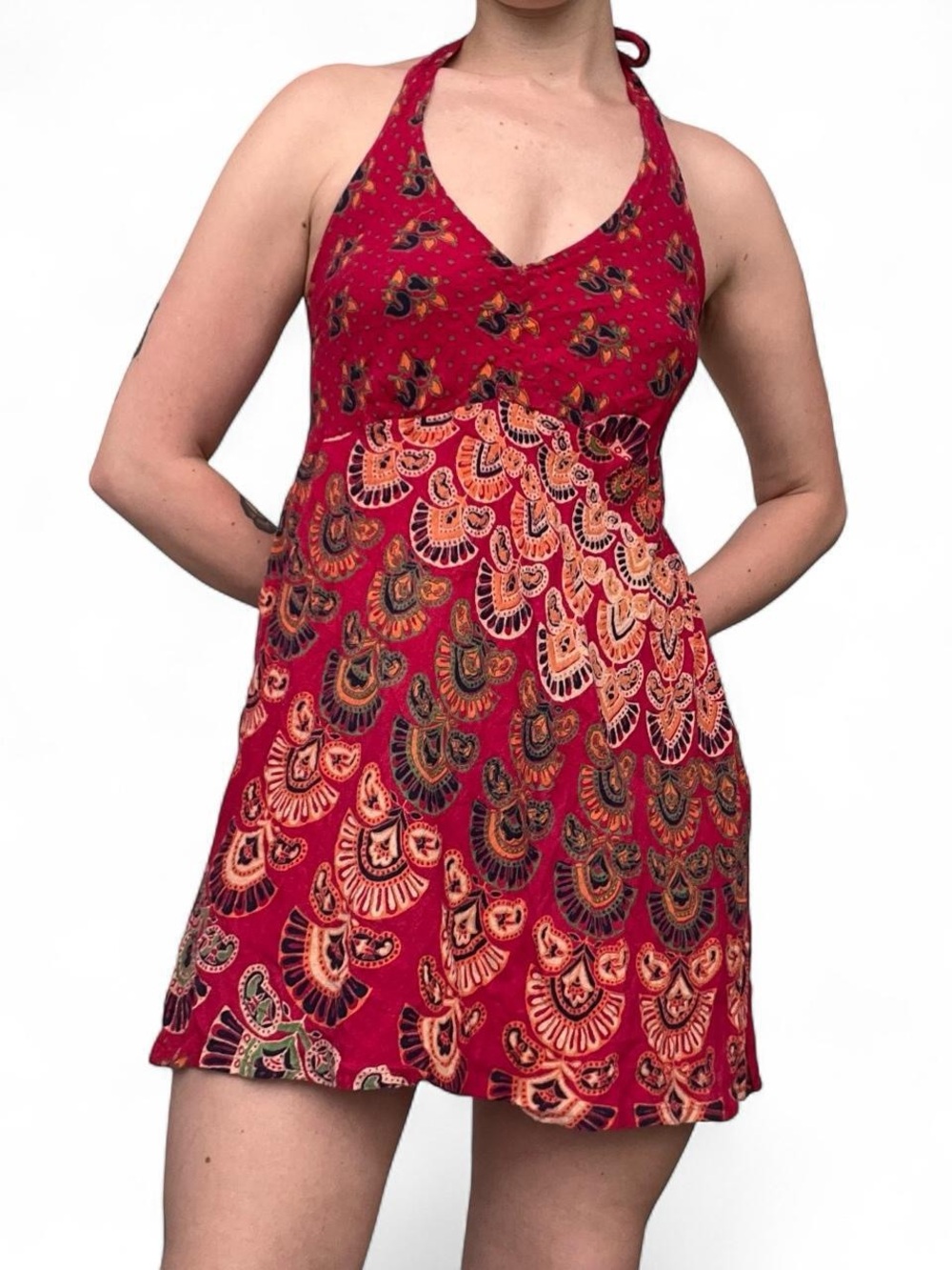 Ark & Co Red Halter Mini Dress with Multicolor Fan Print